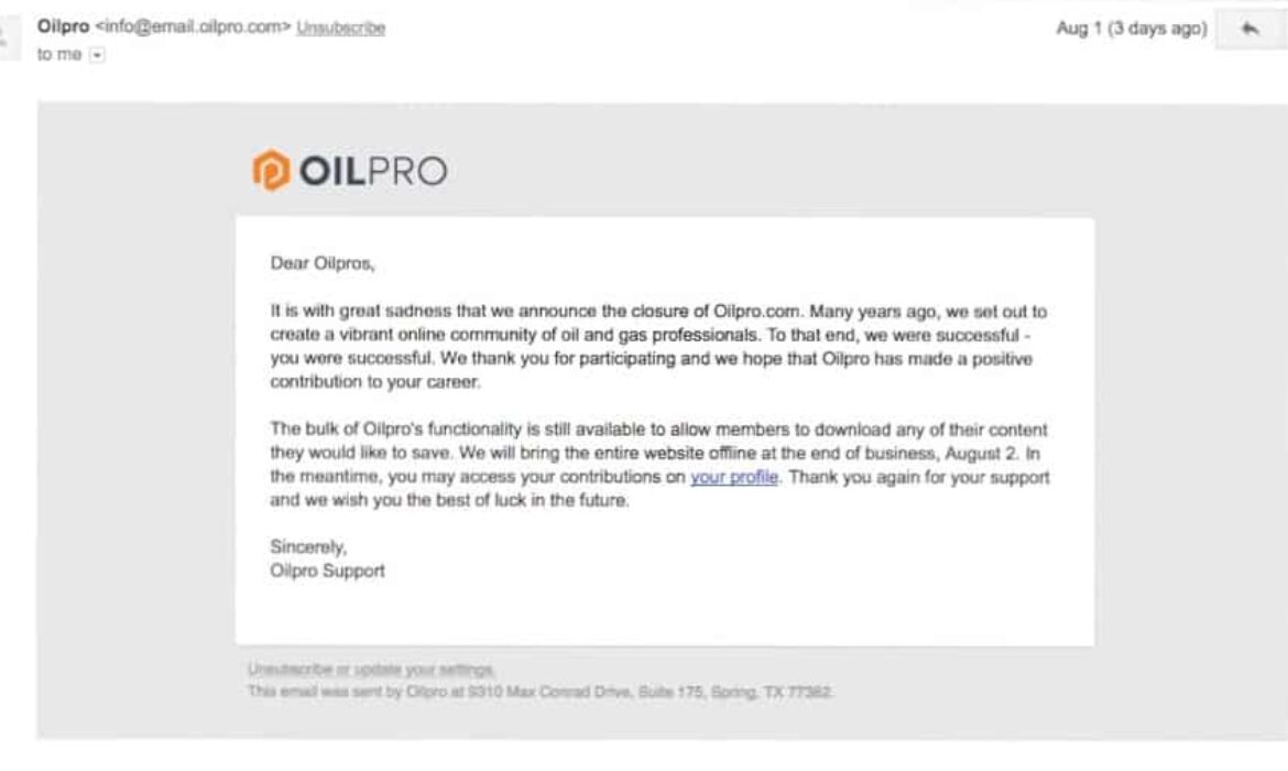 oilpro closure email screenshot
