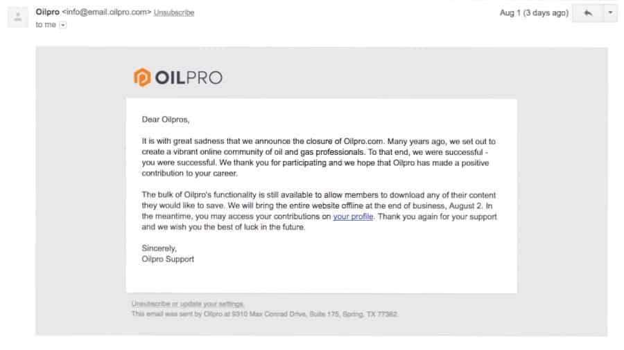 oilpro.com closure email screenshot